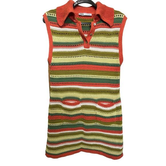 Zara Crochet Knit Dress Sleeveless Collared Colorful Stripes Mini Size Large - Picture 3 of 10